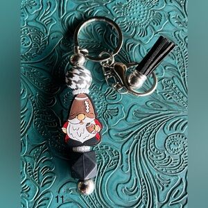 Key Chain Football Gnome Focal , Leather Tassels, Silicone Beads, Hand Crafted